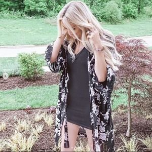 Spiritual Gangster Black White Floral Longline  Front Tie Kimono OS